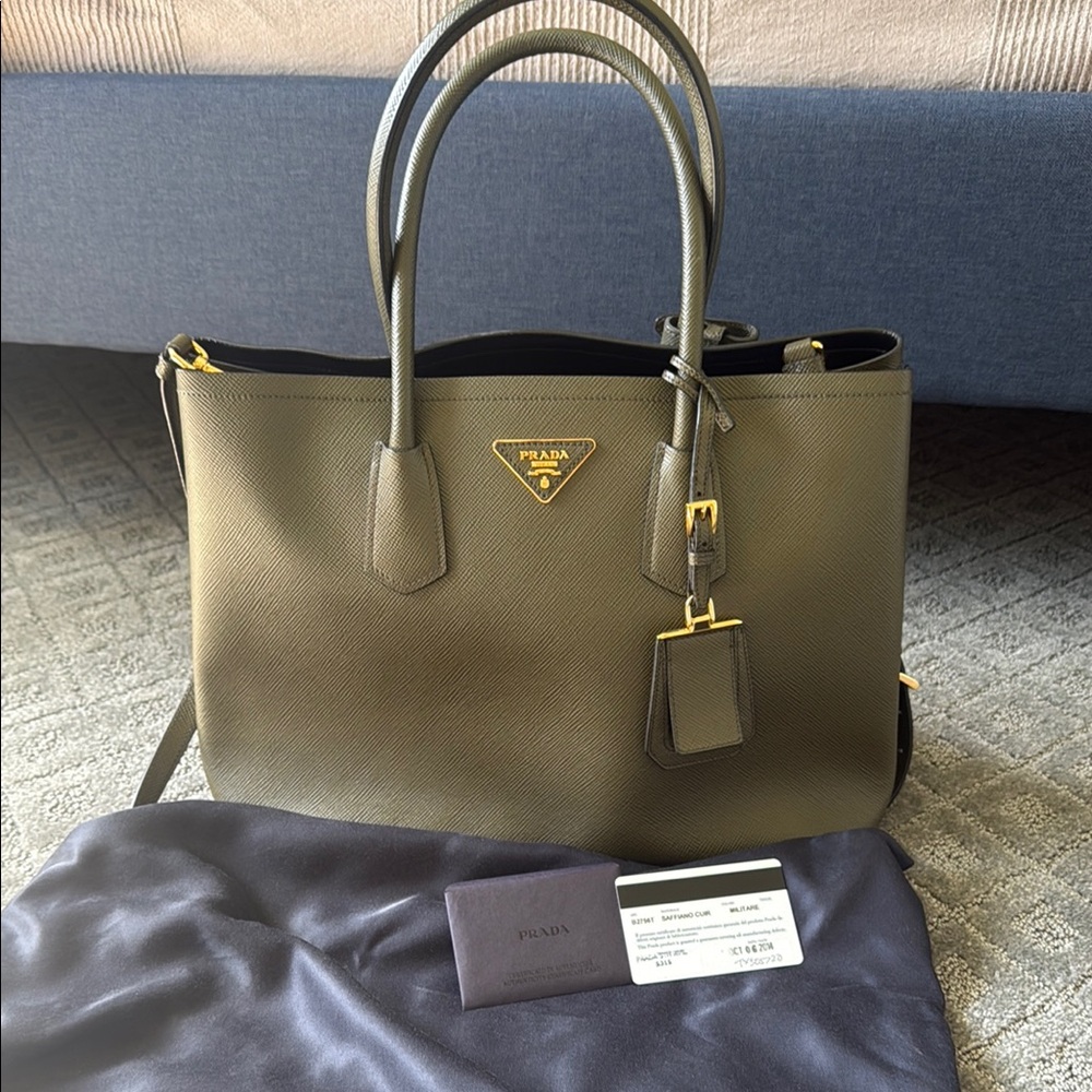 Prada Green Tote in Saffiano Leather with Gold Details